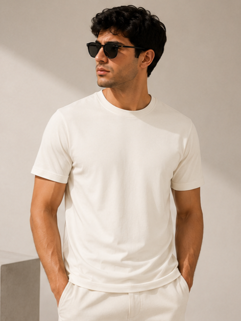 Premium White Plain Cotton Lycra T-Shirt for Men | Regular Fit | Classic Crew Neck