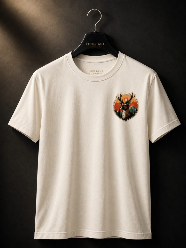 Premium White Deer Graphic Cotton Lycra T-Shirt for Men | Regular Fit | Nature-Inspired Streetwear